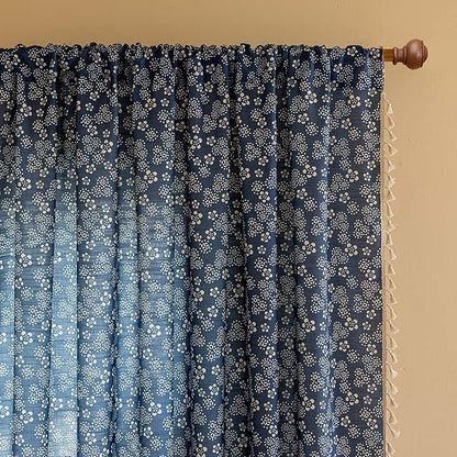 ENJOYBRIDAL White Floral Curtains 84 Inch Long Semi Sheer Navy Blue Drapes - Image 4