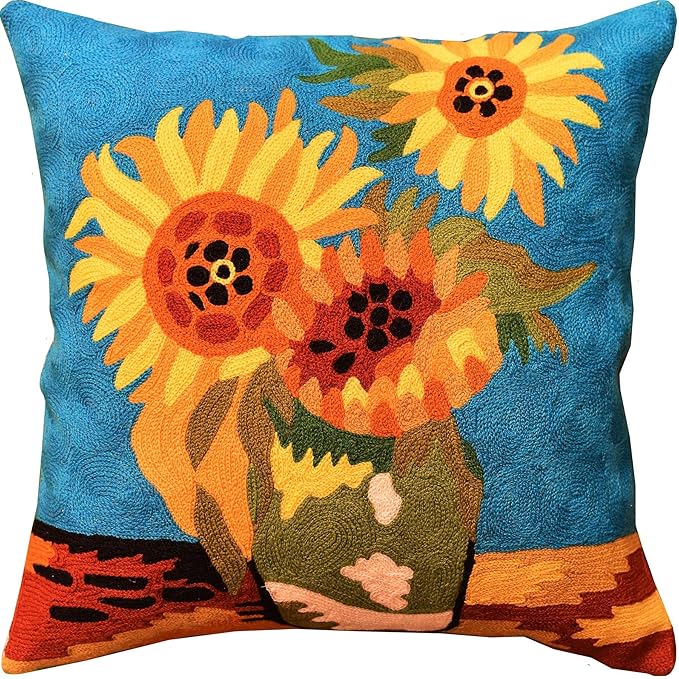 Turquoise Van Gogh Sunflower Pillow Cover Teal Floral Sofa Pillowcase Flower by Kashmir+Designs