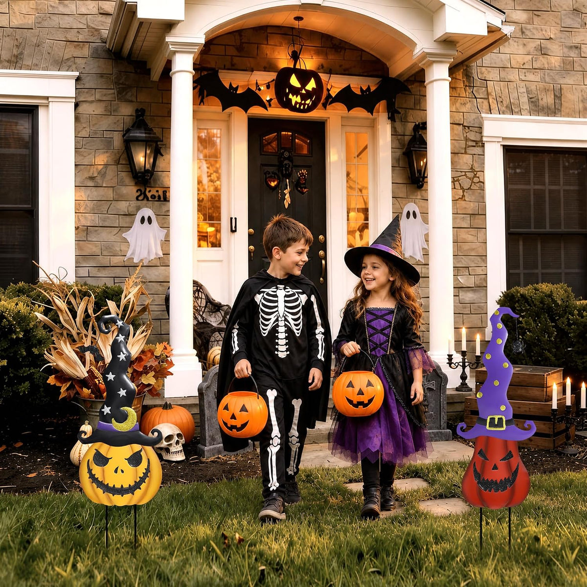 Halloween Garden Stakes - 2 Pack Stacked Metal Pumpkins with Witch Hat