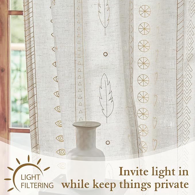 Gold Foil Linen Curtains for Bedroom, 96 Inches Long Moroccan Curtains for - Image 3