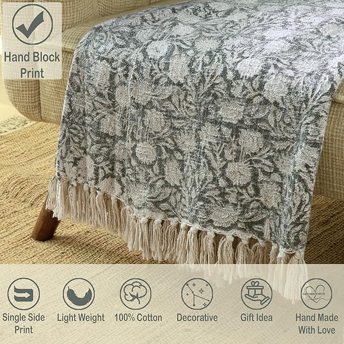 100% Pure Cotton Handblock Printed Throw Blanket, Soft 50" x 60" Fringed Floral - Image 2
