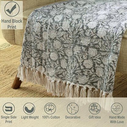 100% Pure Cotton Handblock Printed Throw Blanket, Soft 50" x 60" Fringed Floral - Image 2