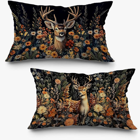 Vintage Moody Floral Deer Pillow Covers 12x20 Set of 2, Dark Cottagecore by Exqcom