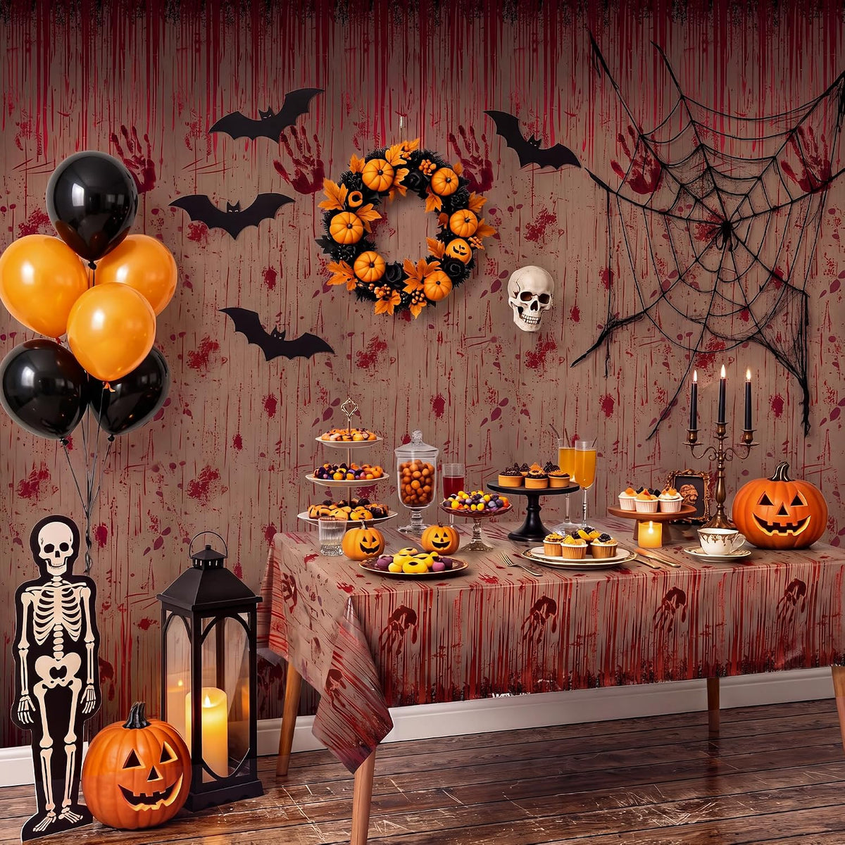 Kochorie 100 Ft x 54 Inch Halloween Bloody Party Tablecloth Roll with Cutter Box Waterproof Plastic Horror Bloody Zombie Table Cover for Halloween Spooky Party Decorations, Gray
