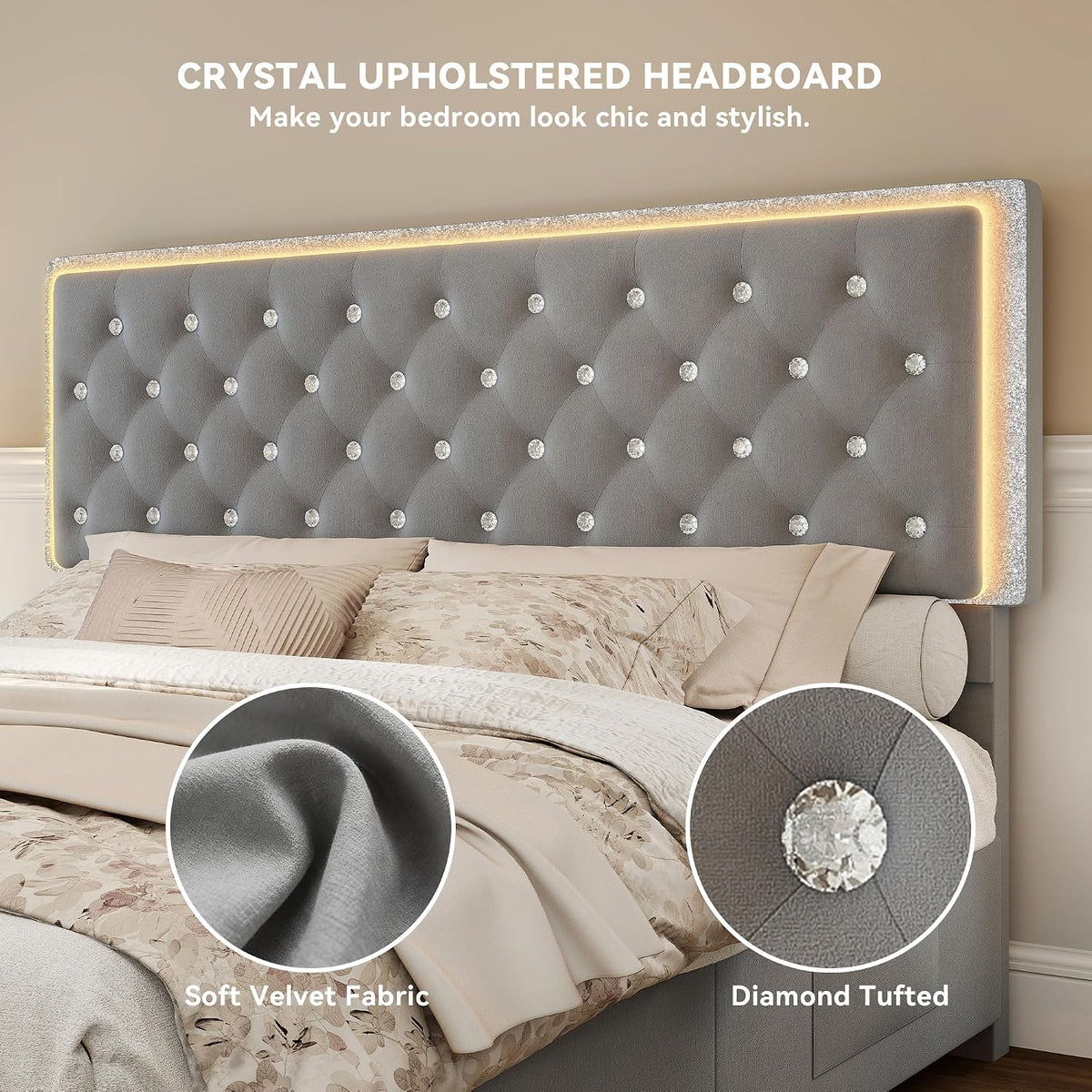 torana queen led bed frame with 2 storage, side view