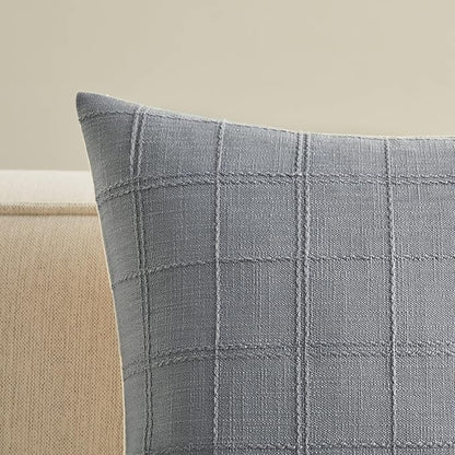 ZeeMart Linen Checked Lumbar Throw Pillow Covers Set of 2, 12x20 Inch Blue - Image 2