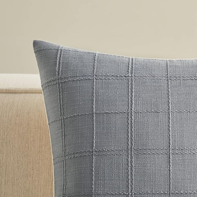ZeeMart Linen Checked Throw Pillow Covers Set of 2, 22x22 Inch Blue Ashes/Cream - Image 2