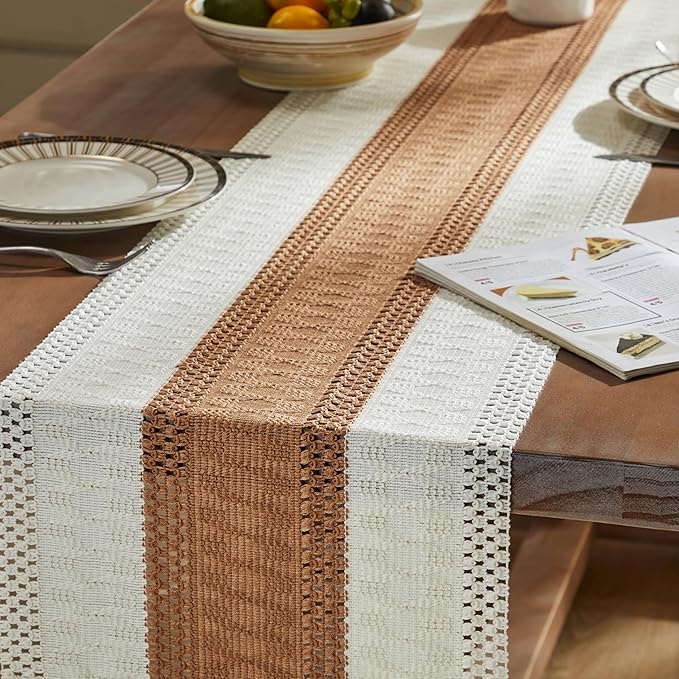 ZeeMart Macrame Style Bicolor Stitching Table Runner, 14 x 48 Inch Caramel/Ivory - Image 5