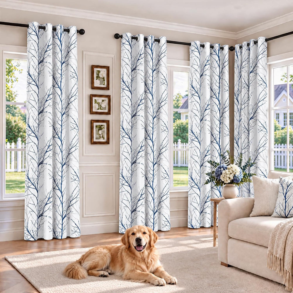 FMFUNCTEX 100% Blackout Blue Grey Tree Branch Curtains 63 Inch 2 Panels