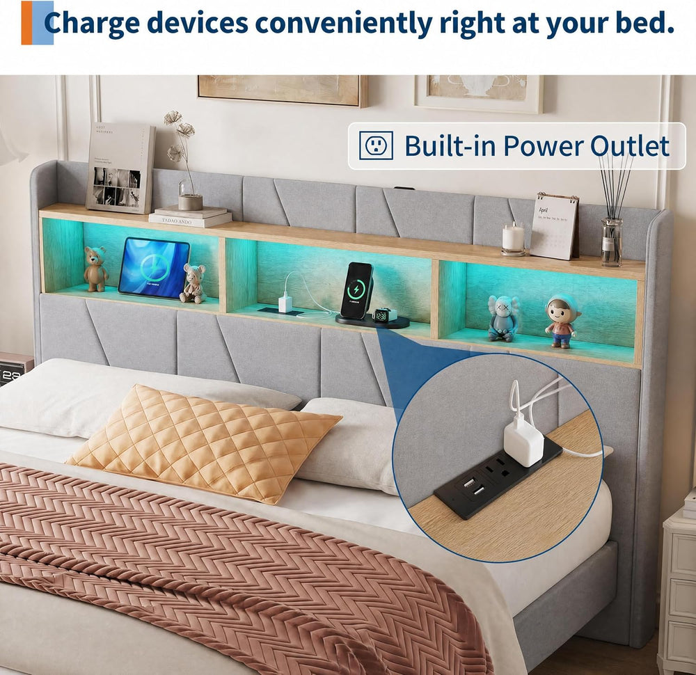 Garvee Twin Size Upholstered Bed Frame with 2 Drawers and LED Lights, Grey