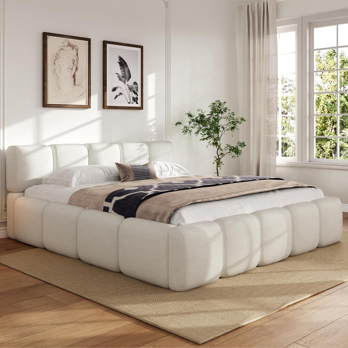 merax king boucle platform bed with thick headboard, close-up detail
