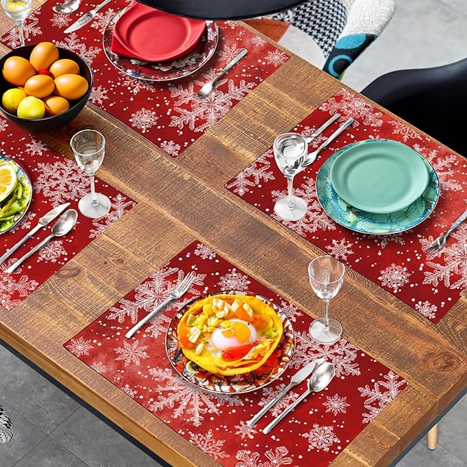 Red Snowflake Xmas Placemats Set of 4 Merry Christmas Snowflakes Linen Fabric - Image 7