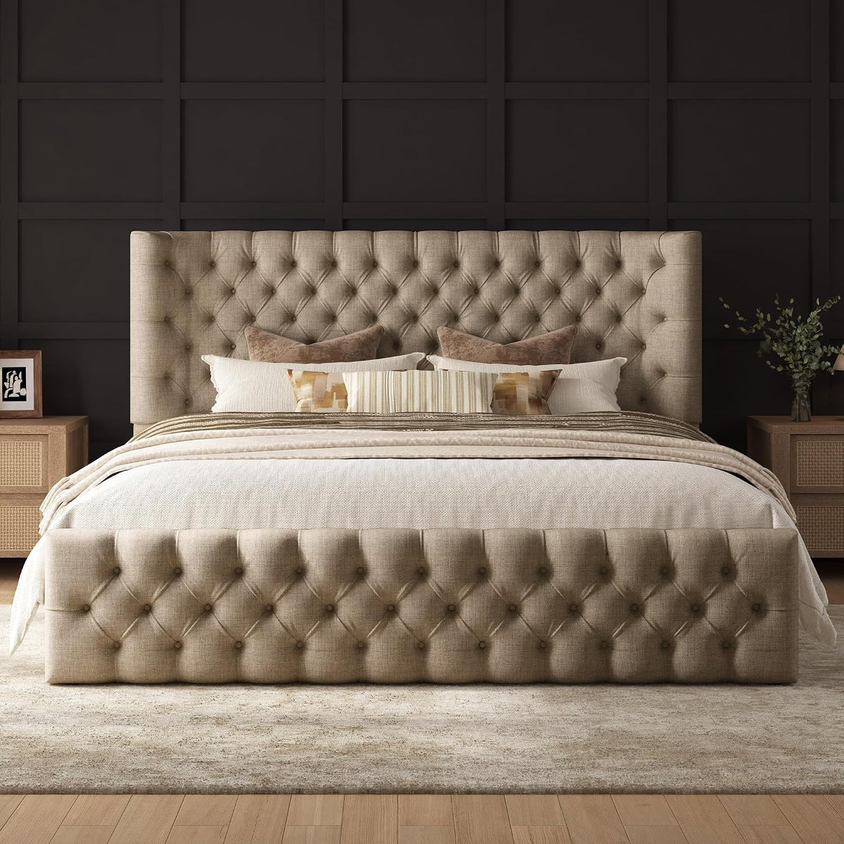 amerlife upholstered bed frame wingback headboard, queen size, main product view