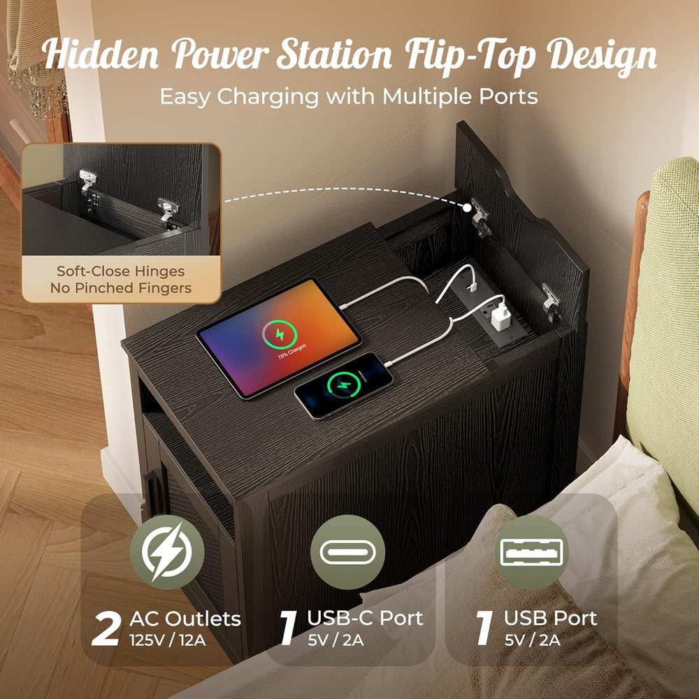 Huuger Narrow Night Stand, End Table with Charging Station, USB-C Port