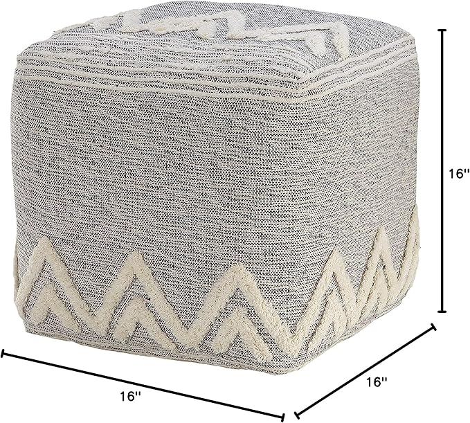 LR Home Gray/Ivory Geometric Hand-Woven Polyester Ottoman Pouf - Image 2
