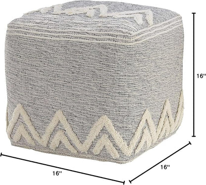 LR Home Gray/Ivory Geometric Hand-Woven Polyester Ottoman Pouf - Image 2