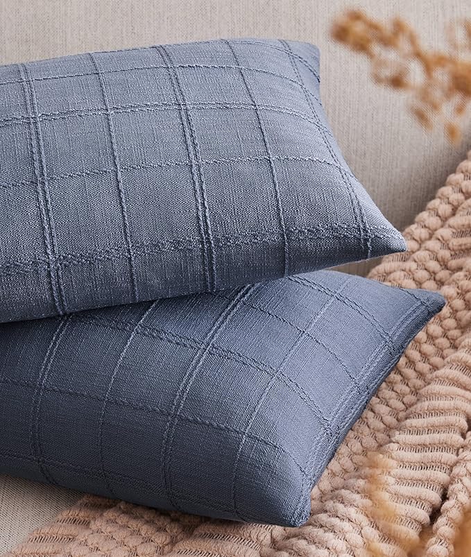 ZeeMart Linen Checked Lumbar Throw Pillow Covers Set of 2, 12x20 Inch Allover by ZEEMARTONLINE
