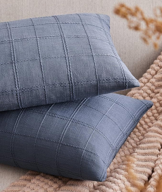 ZeeMart Linen Checked Lumbar Throw Pillow Covers Set of 2, 12x20 Inch Allover by ZEEMARTONLINE