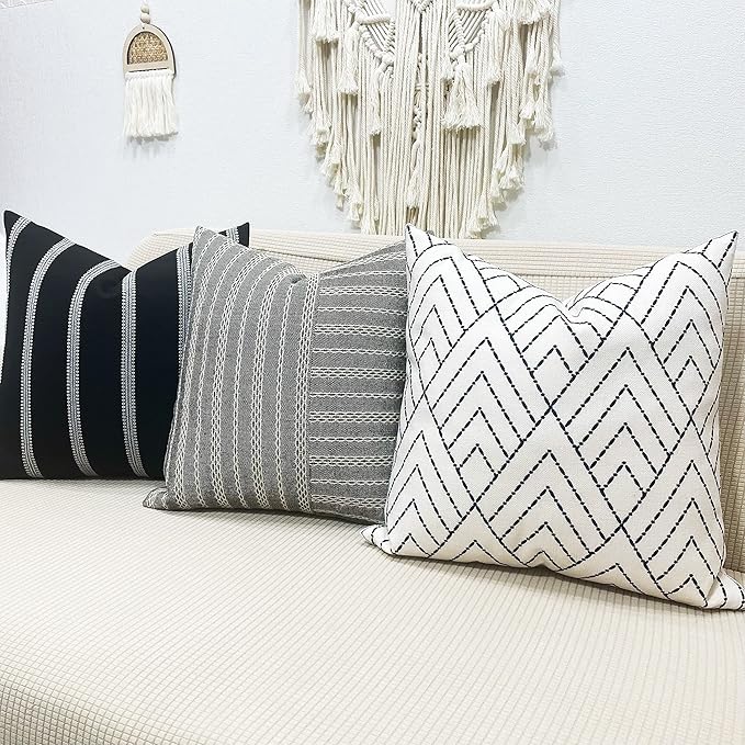 Slow Cow Black and Beige Patchwork Stripe Decorative Throw Pillow Cover Cushion - Image 7