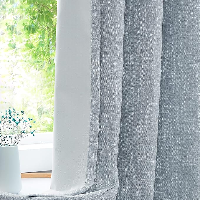 Blue Solid Full Blackout Curtain Heavy Linen Texture Window Treatment - Image 2