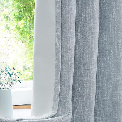 Blue Solid Full Blackout Curtain Heavy Linen Texture Window Treatment - Image 2