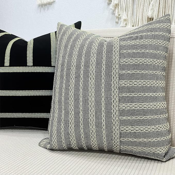 Slow Cow Black and Beige Patchwork Stripe Decorative Throw Pillow Cover Cushion - Image 6