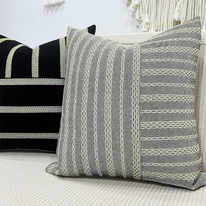 Slow Cow Black and Beige Patchwork Stripe Decorative Throw Pillow Cover Cushion - Image 6