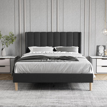 full size bed frame with linen upholstered headboard, close-up detail