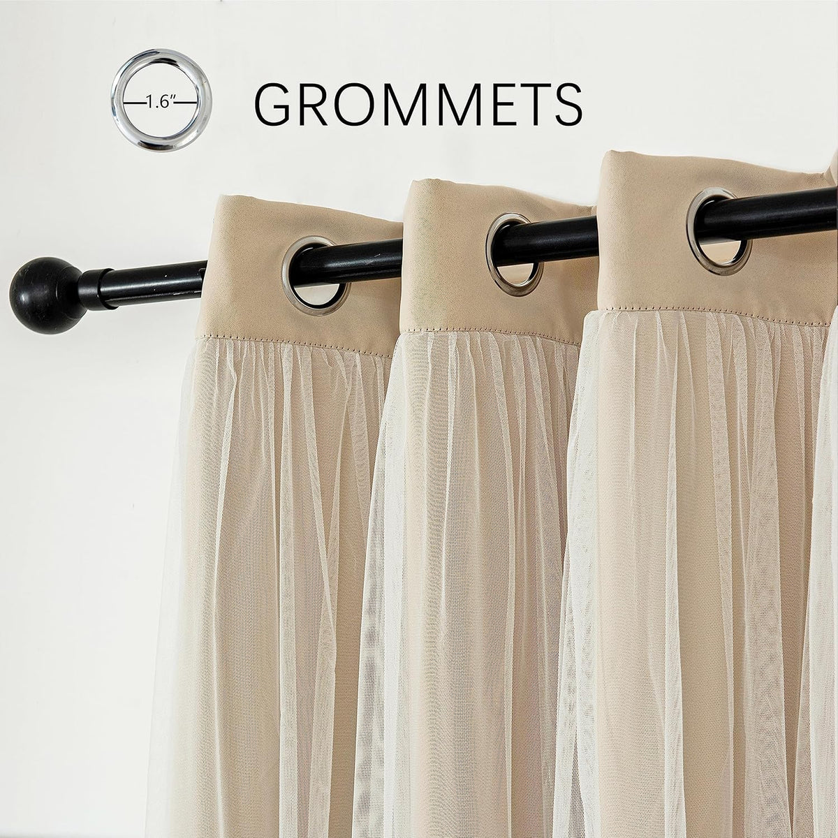 inlinas blackout curtains with sheer overlay, beige, 52x84 on a desk or shelf