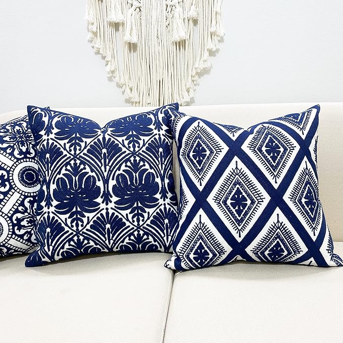 Slow Cow Embroidery Throw Pillow Cover Geometric Rose Navy Decorative Cushion - Image 6
