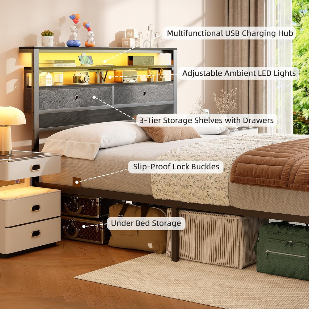 Furnulem Full Size Bed Frame with Headboard & 2 Fabric Drawers, Black Oak