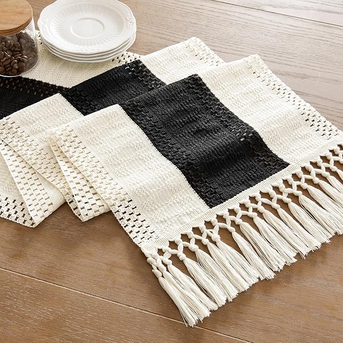 ZeeMart Macrame Style Bicolor Stitching Table Runner, 14 x 108 Inch Black/Ivory - Image 7