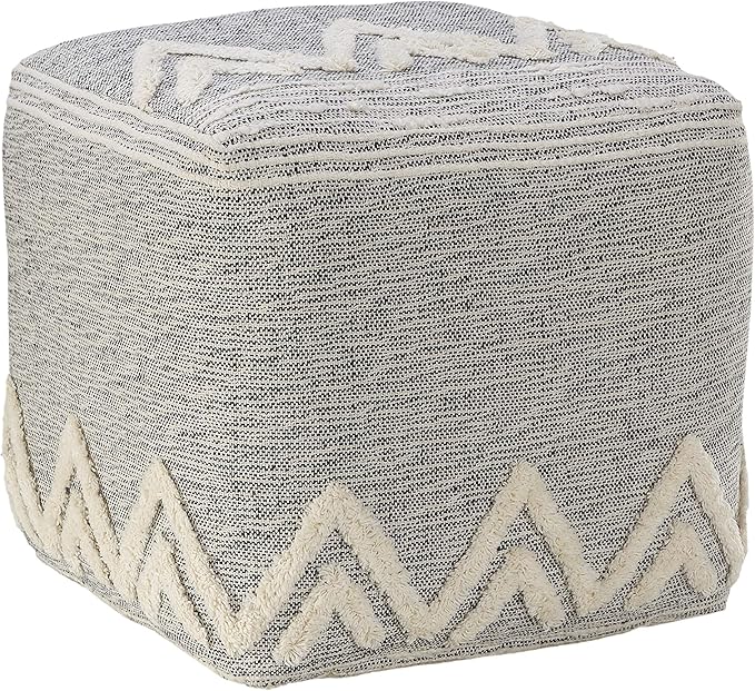 LR Home Gray/Ivory Geometric Hand-Woven Polyester Ottoman Pouf - Image 3