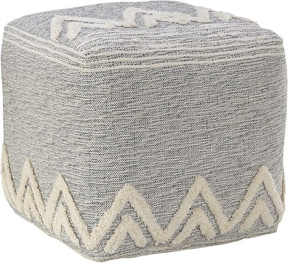 LR Home Gray/Ivory Geometric Hand-Woven Polyester Ottoman Pouf - Image 3