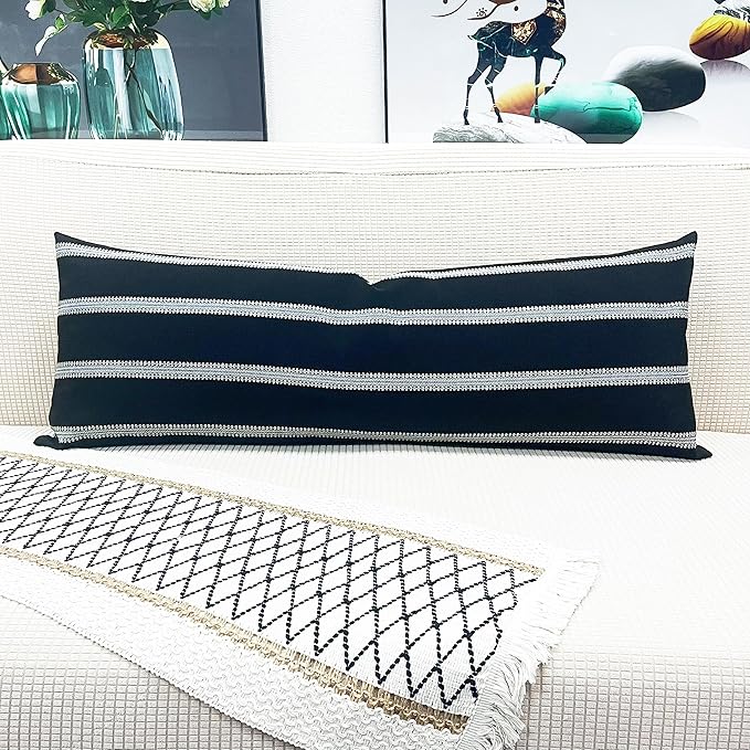 Slow Cow Linen Off White and Black Rectangular Throw Pillow Covers Striped - Image 4