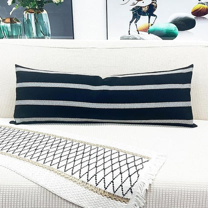 Slow Cow Linen Off White and Black Rectangular Throw Pillow Covers Striped - Image 4