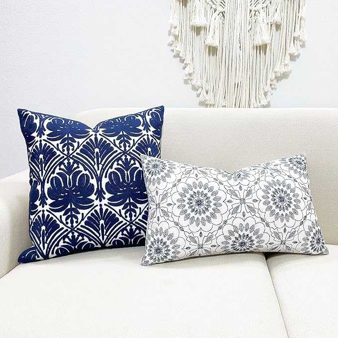 Slow Cow Embroidery Throw Pillow Cover Geometric Rose Navy Decorative Cushion - Image 5