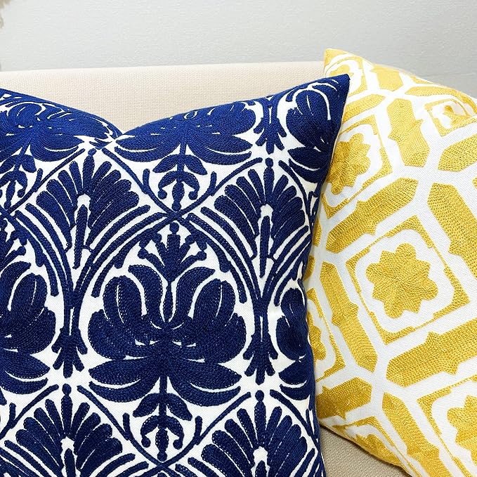 Slow Cow Embroidery Throw Pillow Cover Geometric Rose Navy Decorative Cushion - Image 2