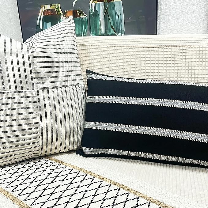 Slow Cow Linen Off White and Black Rectangular Throw Pillow Covers Striped - Image 6