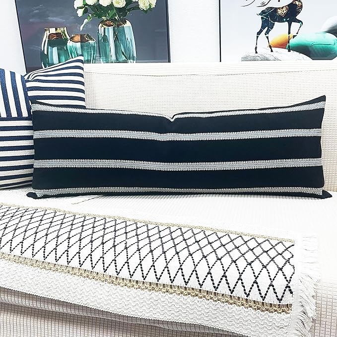 Slow Cow Linen Off White and Black Rectangular Throw Pillow Covers Striped - Image 7