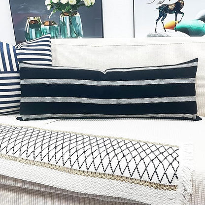Slow Cow Linen Off White and Black Rectangular Throw Pillow Covers Striped - Image 7