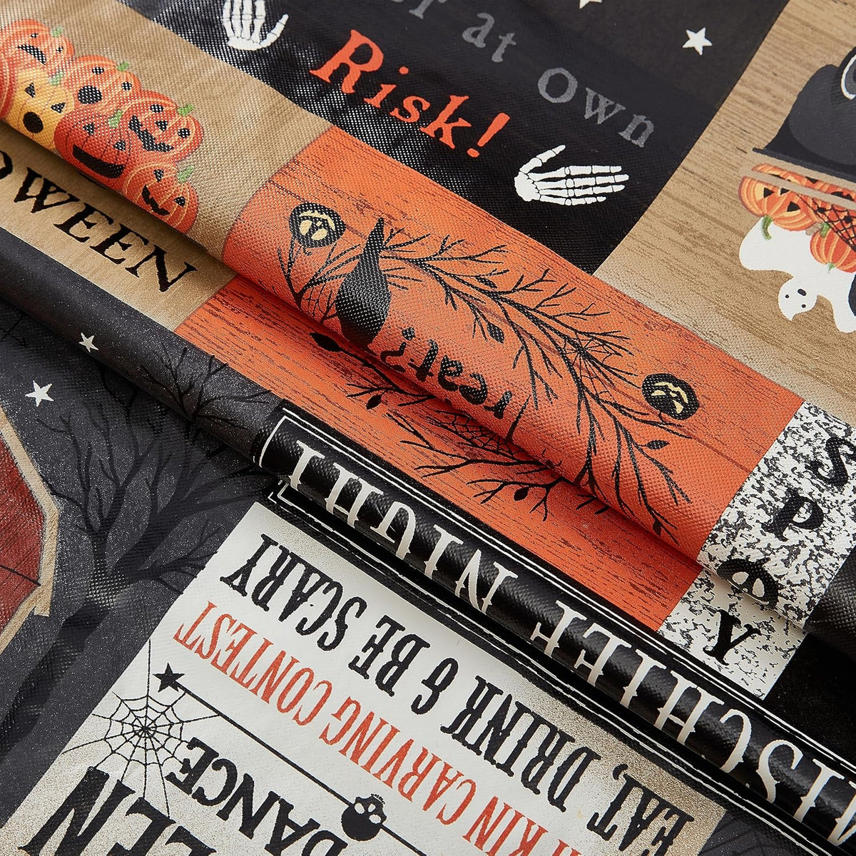 Newbridge Halloween Rustic Spooky Farm 60 x 120 Inch Rectangle Vinyl Tablecloth with Flannel Backing, Vintage Halloween Truck and Pumpkin Design, Easy Care Wipe Clean Table Cover
