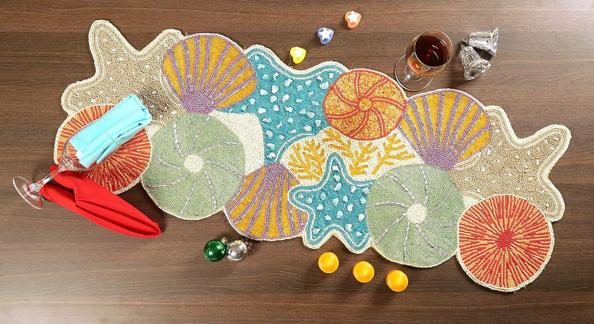 Lightnpro Seashell Hand Beaded Needlework Decorative Orange Blue Table Runner for Christmas Easter Fall Harvest Halloween Thanksgiving - A Beautiful Complement to Your Table Décor - 13x36 Inch