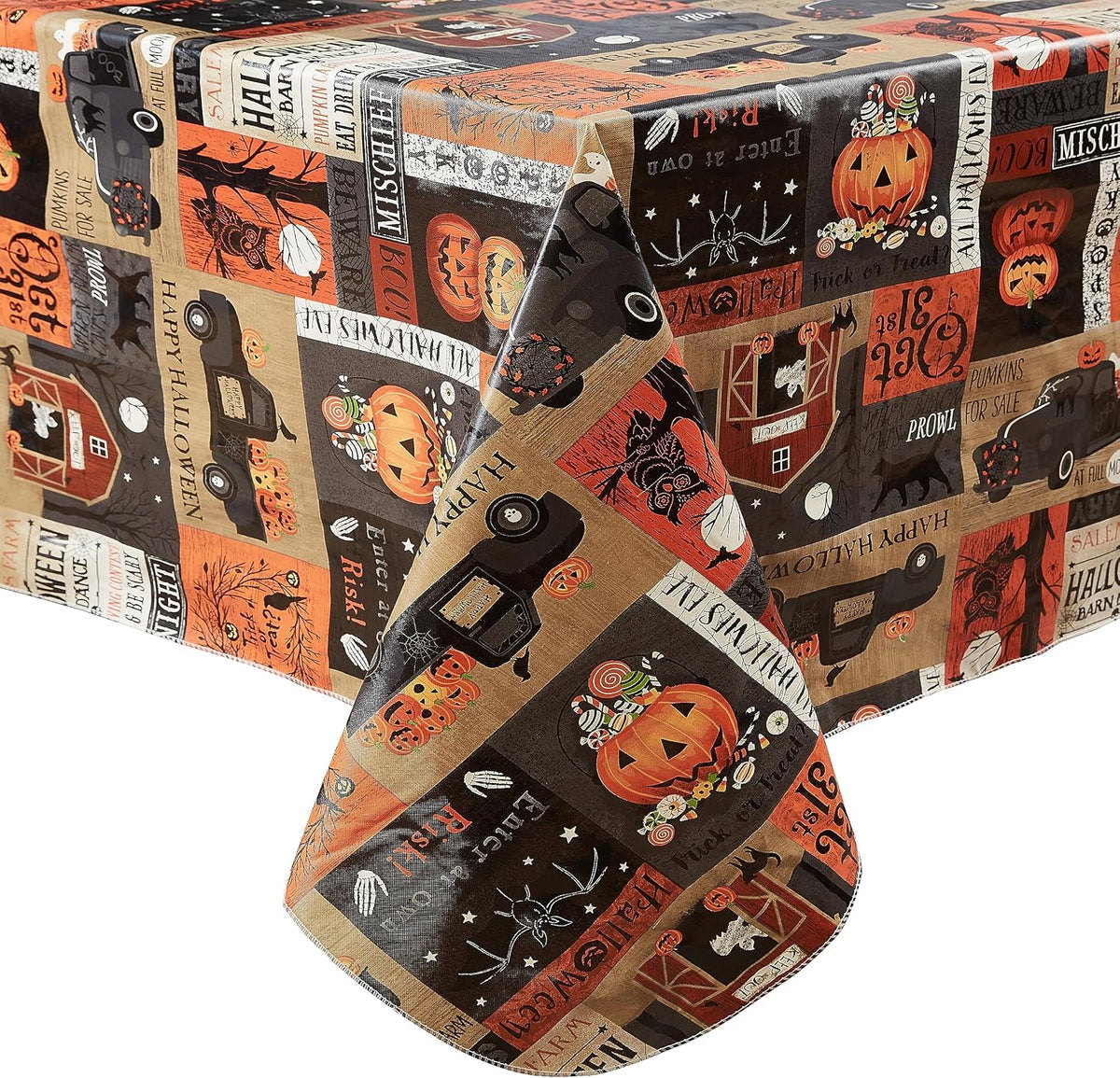 Newbridge Halloween Rustic Spooky Farm 60 x 120 Inch Rectangle Vinyl Tablecloth with Flannel Backing, Vintage Halloween Truck and Pumpkin Design, Easy Care Wipe Clean Table Cover