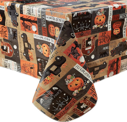 Newbridge Halloween Rustic Spooky Farm 60 x 120 Inch Rectangle Vinyl Tablecloth with Flannel Backing, Vintage Halloween Truck and Pumpkin Design, Easy Care Wipe Clean Table Cover