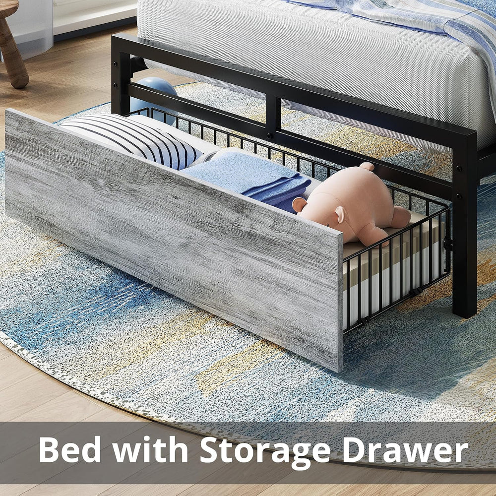 LIKIMIO Twin Bed Frames with Drawer and Charging Station, Industrial Gray