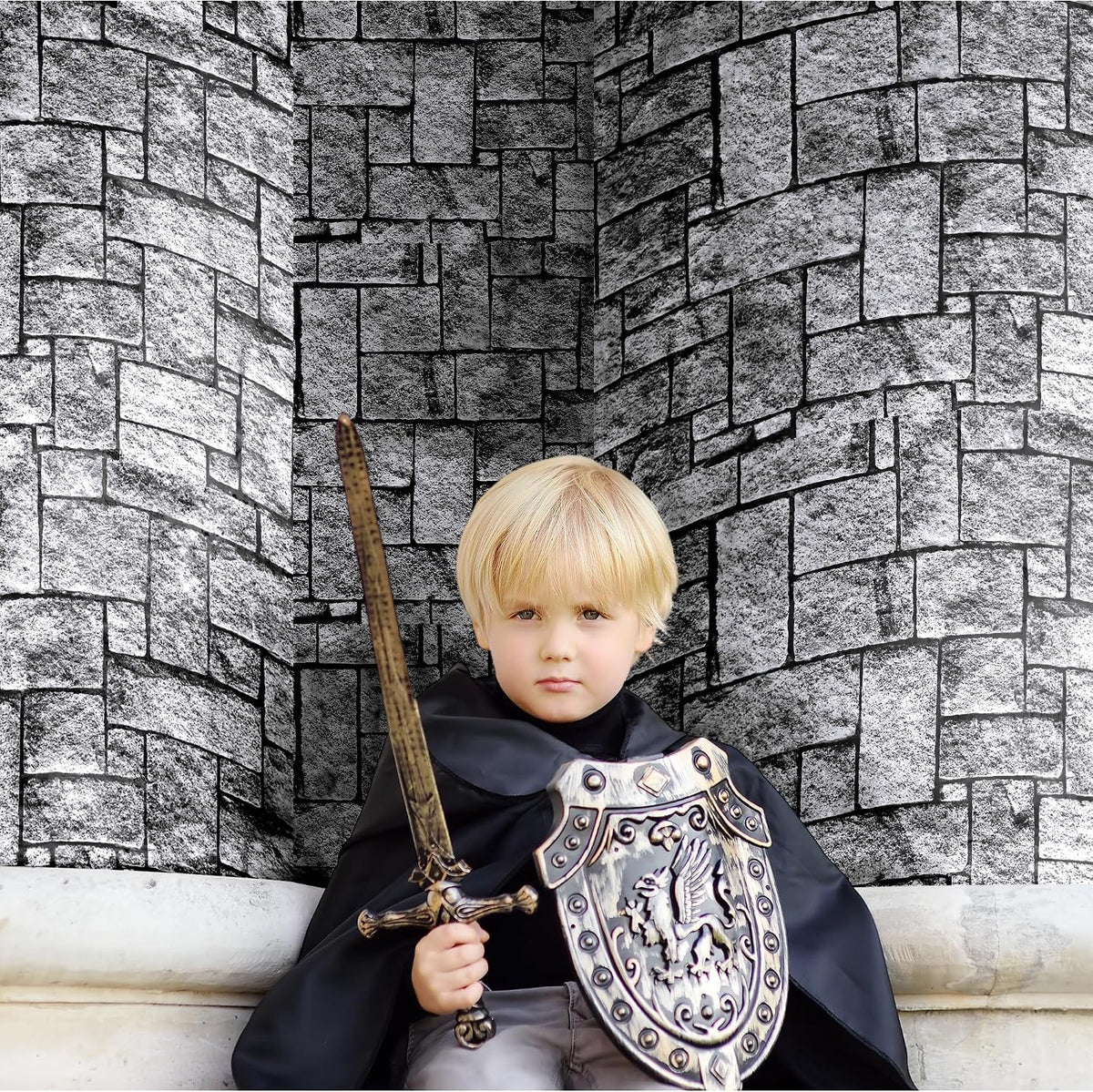 Aneco 120 Ft x 54 Inch Halloween Stone Wall Tablecloth Roll with Cutter Box Disposable Brick Stone Plastic Table Cover Medieval Brick Wall Backdrops for Castle Knight Theme Parties and Birthdays