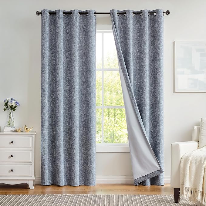 Navy Solid Full Blackout Curtain Heavy Linen Texture Window Treatment by CentralPark