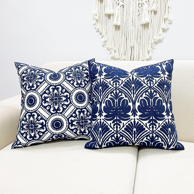 Slow Cow Embroidery Throw Pillow Cover Geometric Rose Navy Decorative Cushion - Image 4
