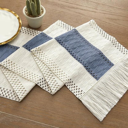 ZeeMart Macrame Style Bicolor Stitching Table Runner, 12 x 90 Inch Blue/Ivory - Image 7